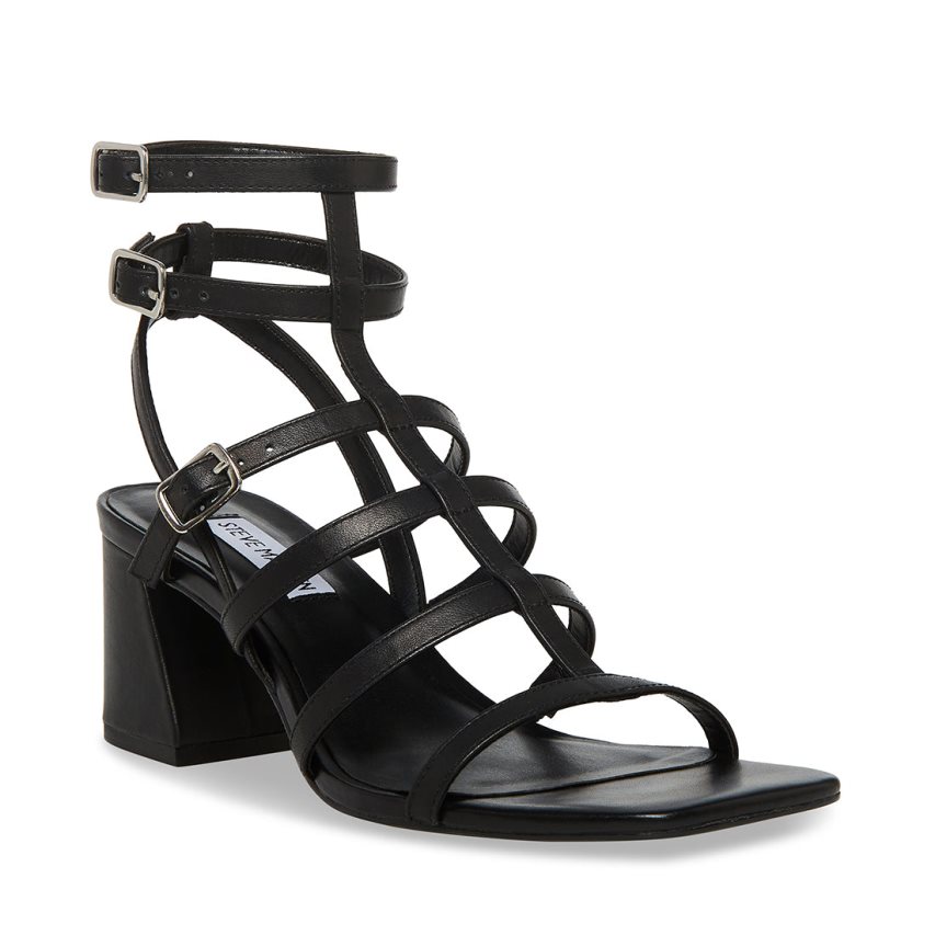 Black Steve Madden August Leather Women's Heels Sandals | PWSOK8372