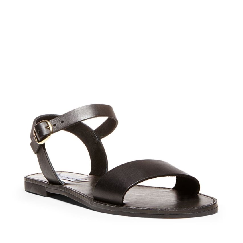 Black Steve Madden Donddi Leather Women's Flat Sandals | RPLZU7415