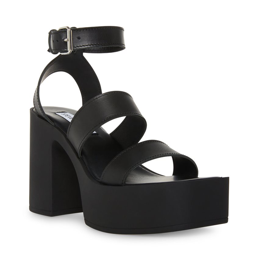 Black Steve Madden Dora Leather Women's Heels Sandals | YTBAP6931