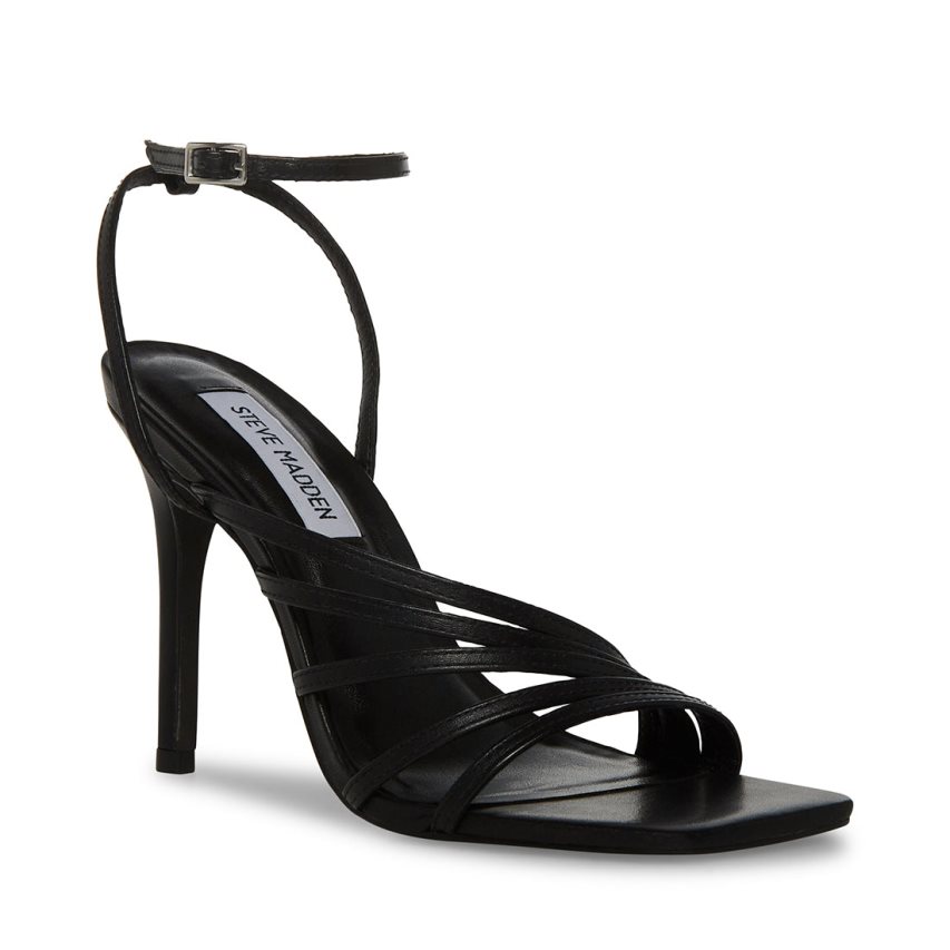 Black Steve Madden Kamila Leather Women's Heels Sandals | NRWMS7921