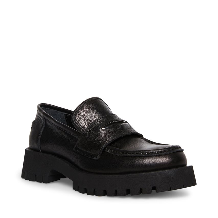 Black Steve Madden Lawrence Leather Women's Loafers | CVFLW5781