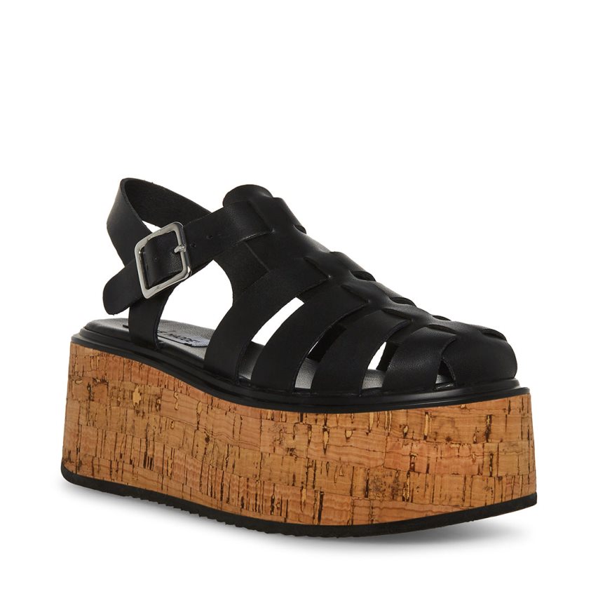 Black Steve Madden Lazlo Leather Women's Platform Sandals | FI12LP9650