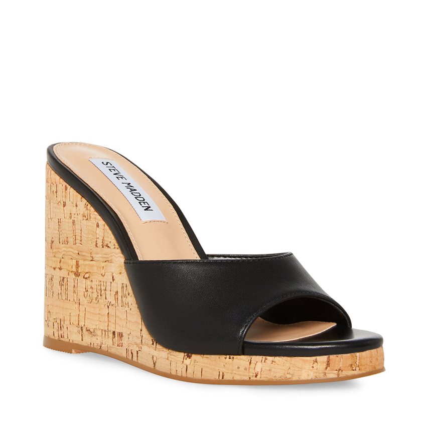 Black Steve Madden Marvelous Leather Women's Wedges | XBVEK1387