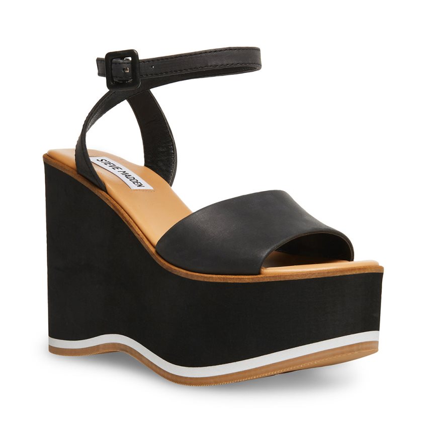 Black Steve Madden Milan Leather Women's Wedges | ACODK8329