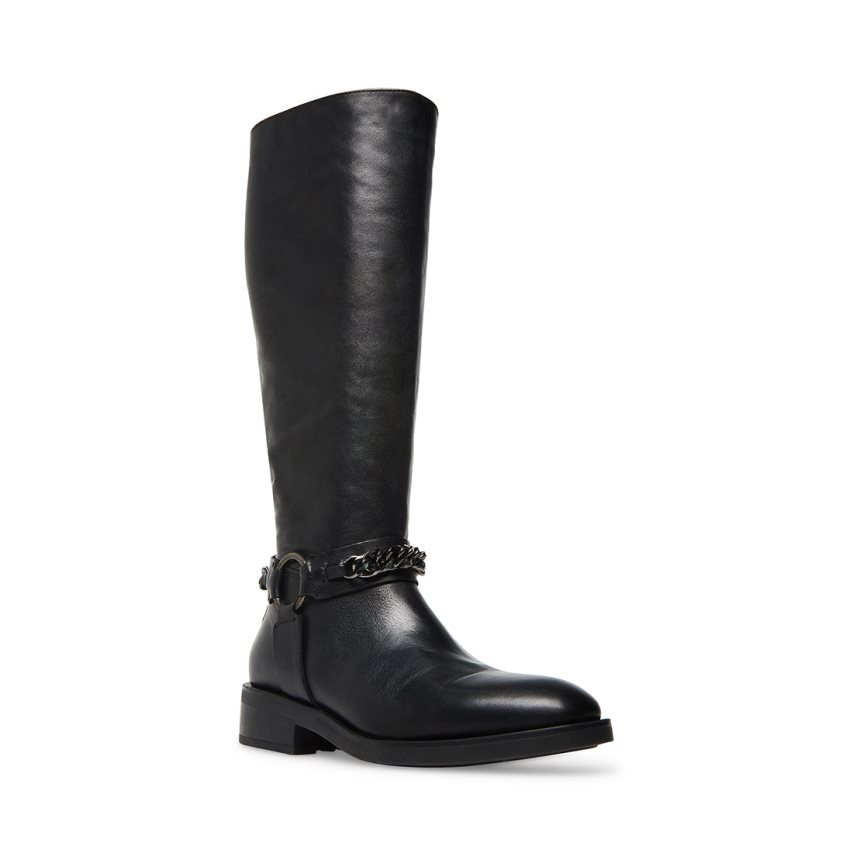 Black Steve Madden Quin Leather Women's High Boots | V12SFU7052