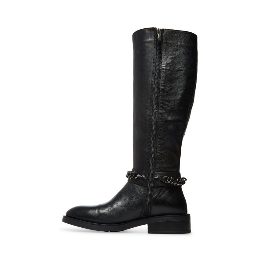 Black Steve Madden Quin Leather Women's High Boots | V12SFU7052