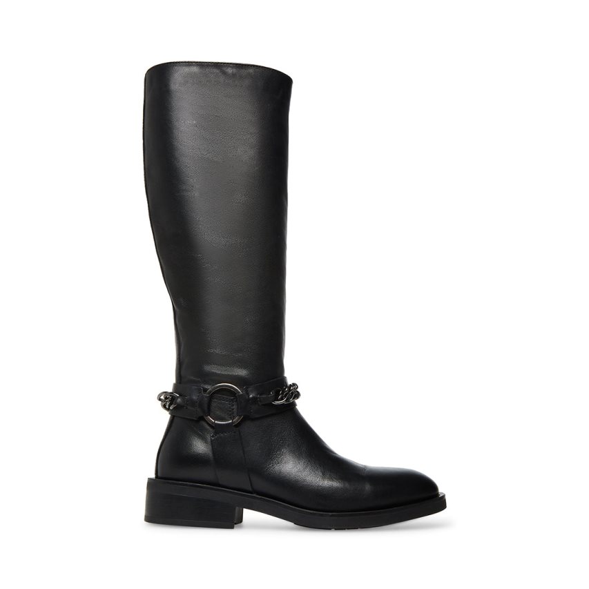 Black Steve Madden Quin Leather Women\'s High Boots | V12SFU7052