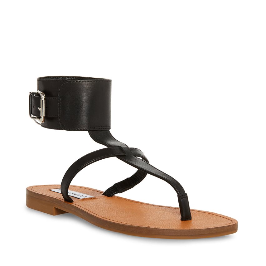 Black Steve Madden Rico Leather Women's Flat Sandals | NUXTD4720