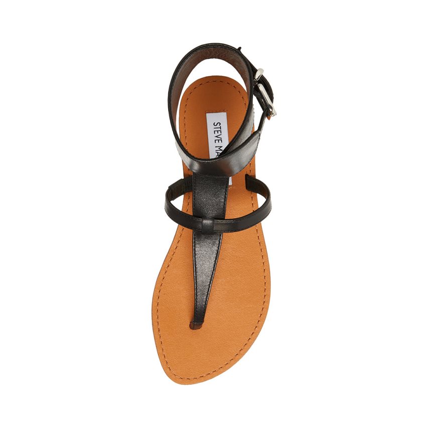 Black Steve Madden Rico Leather Women's Flat Sandals | NUXTD4720