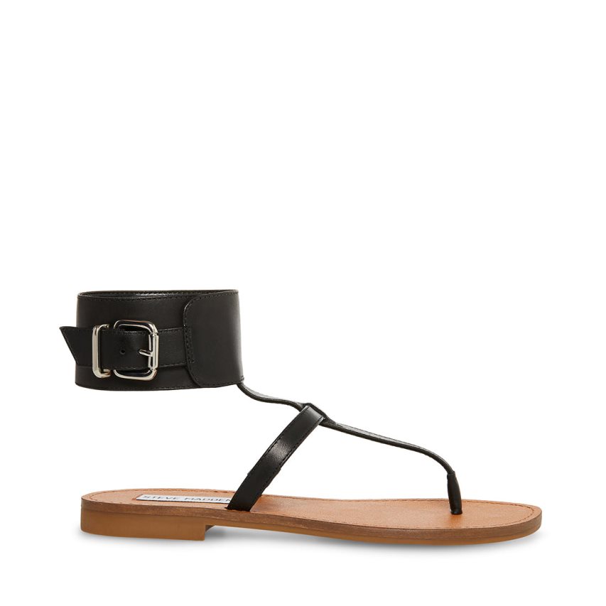 Black Steve Madden Rico Leather Women\'s Flat Sandals | NUXTD4720