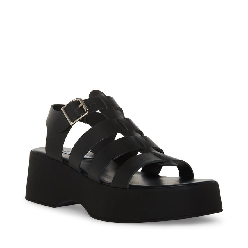 Black Steve Madden Sarai Leather Women's Platform Sandals | VGFLX9417