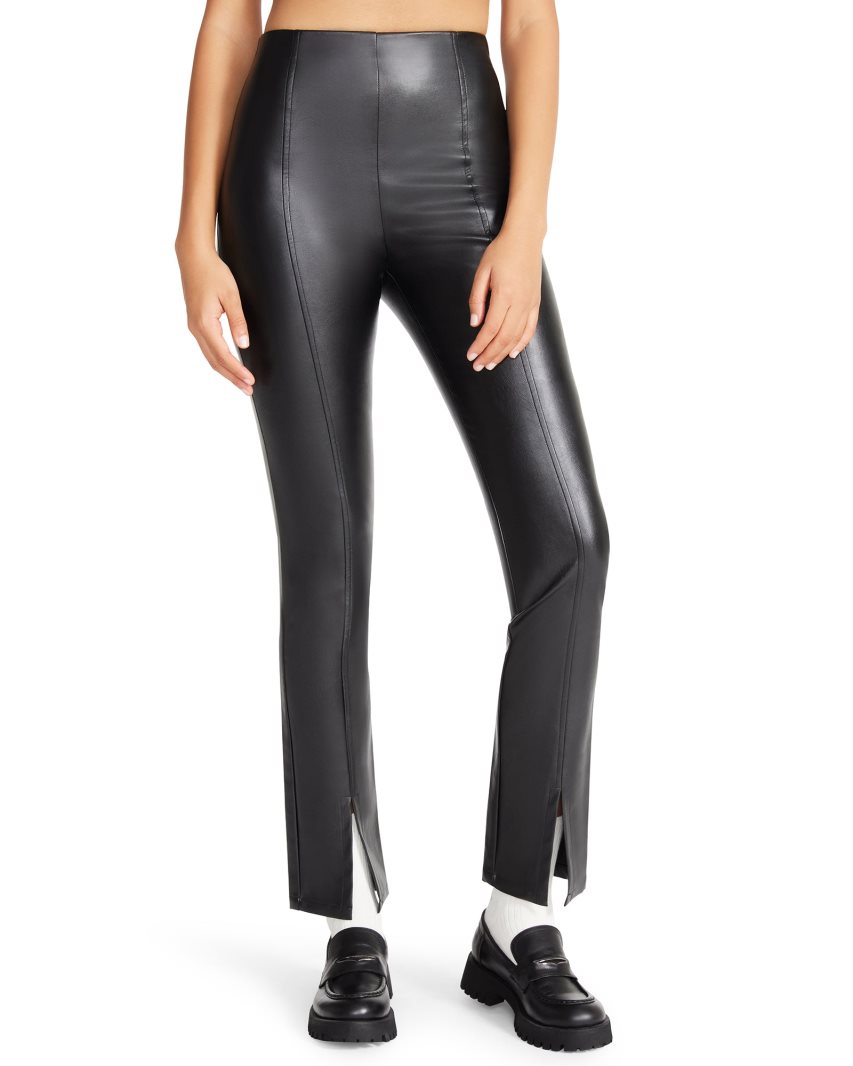 Black Steve Madden Slit Front Faux Leather Women's Pants | APN12C9784