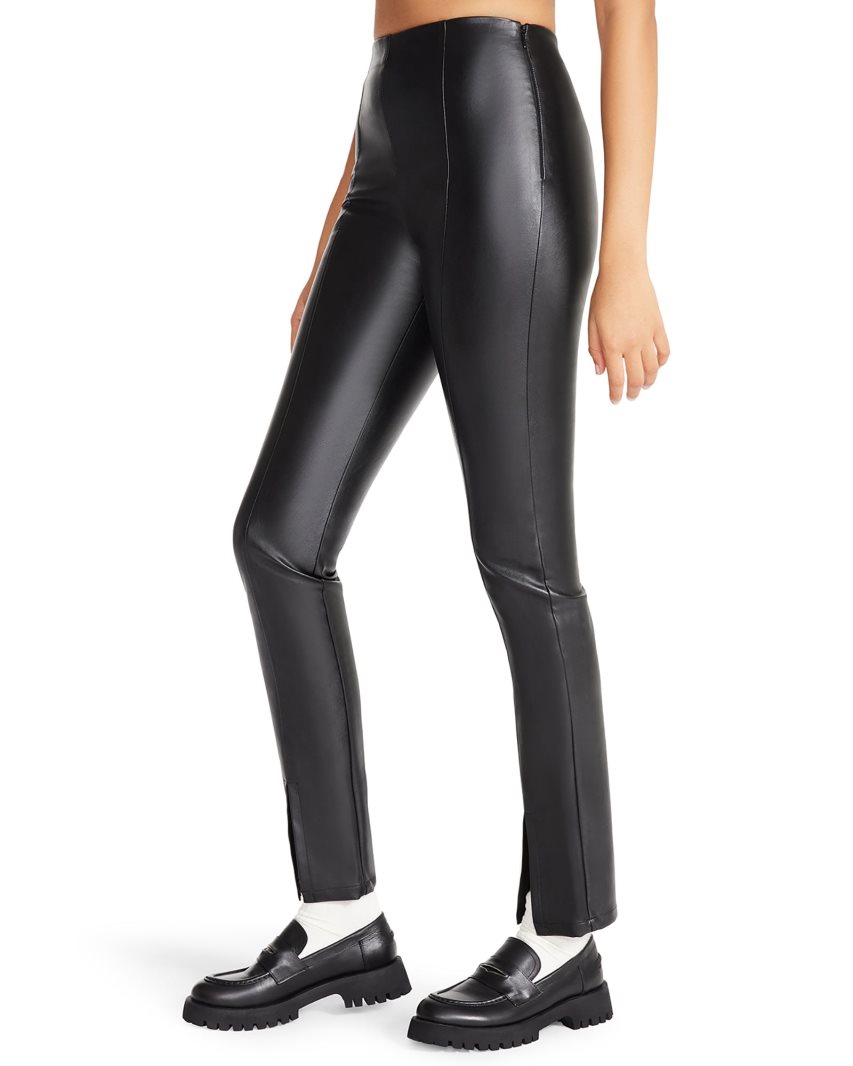 Black Steve Madden Slit Front Faux Leather Women's Pants | APN12C9784