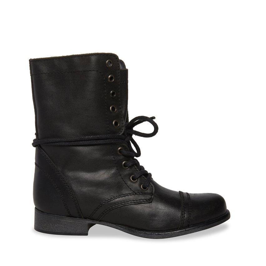 Black Steve Madden Troopa Leather Women\'s Ankle Boots | FWUGT6532