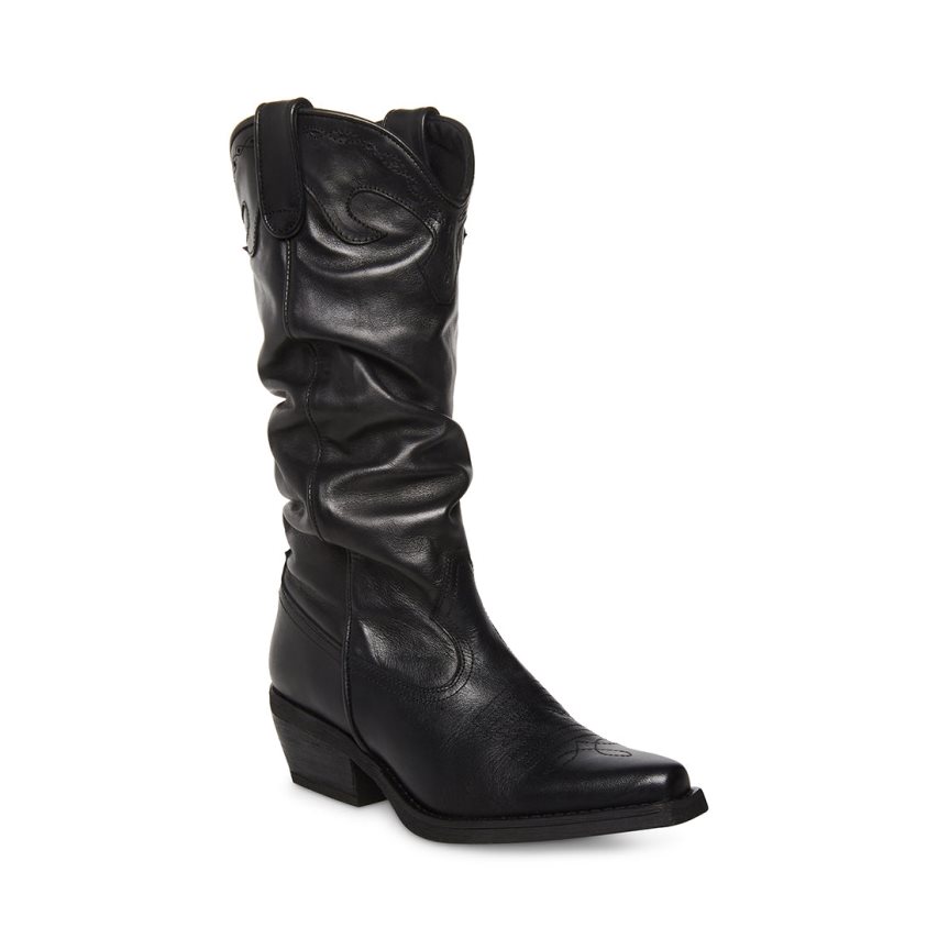 Black Steve Madden Whiskey Leather Women's High Boots | MFUKC2846