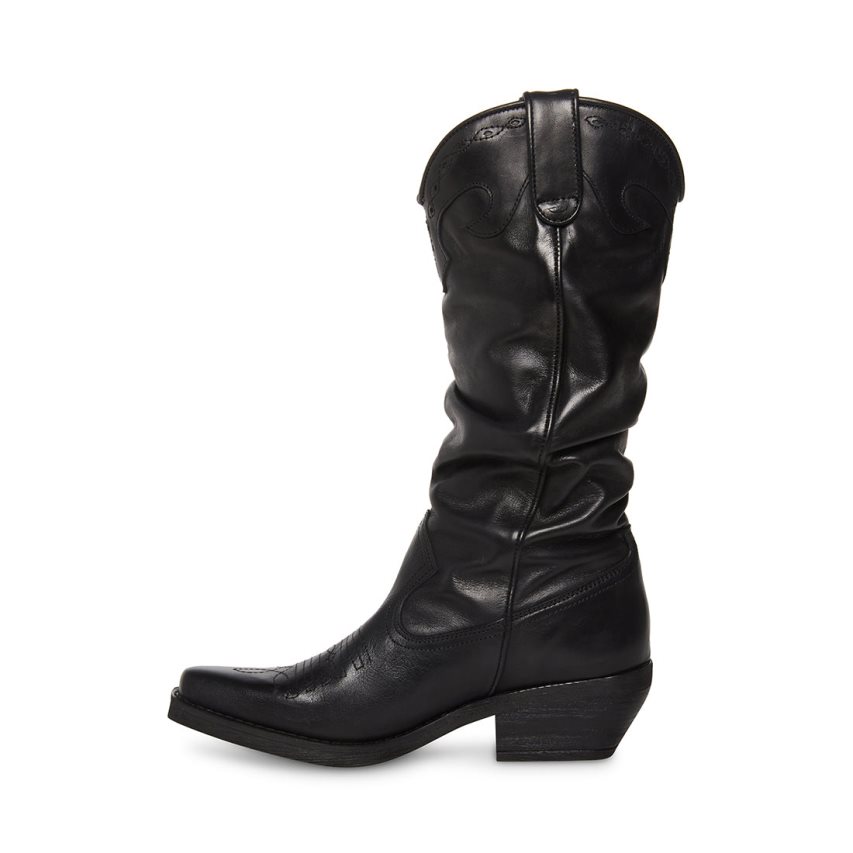 Black Steve Madden Whiskey Leather Women's High Boots | MFUKC2846