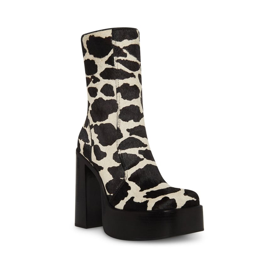 Black / White Steve Madden Dwane-c Cow Print Women's Ankle Boots | OZSNL3265