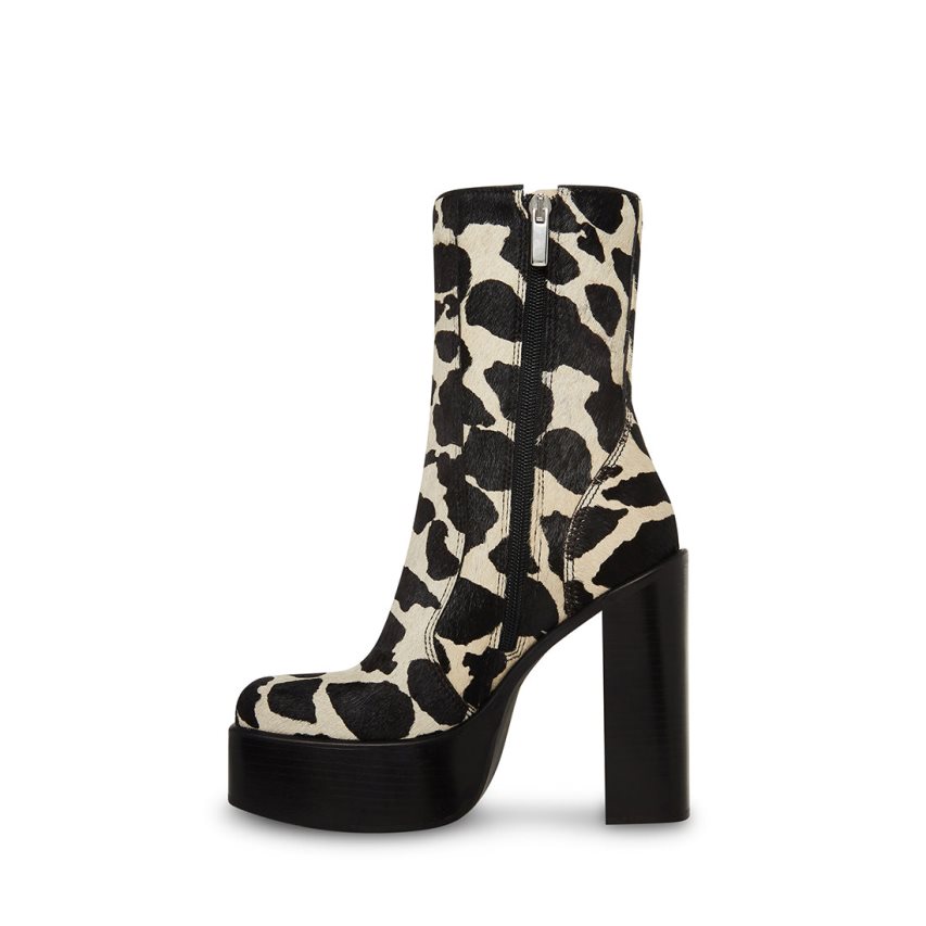 Black / White Steve Madden Dwane-c Cow Print Women's Ankle Boots | OZSNL3265