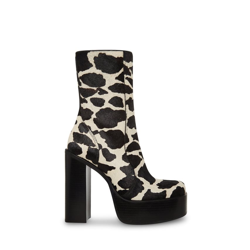 Black / White Steve Madden Dwane-c Cow Print Women\'s Ankle Boots | OZSNL3265