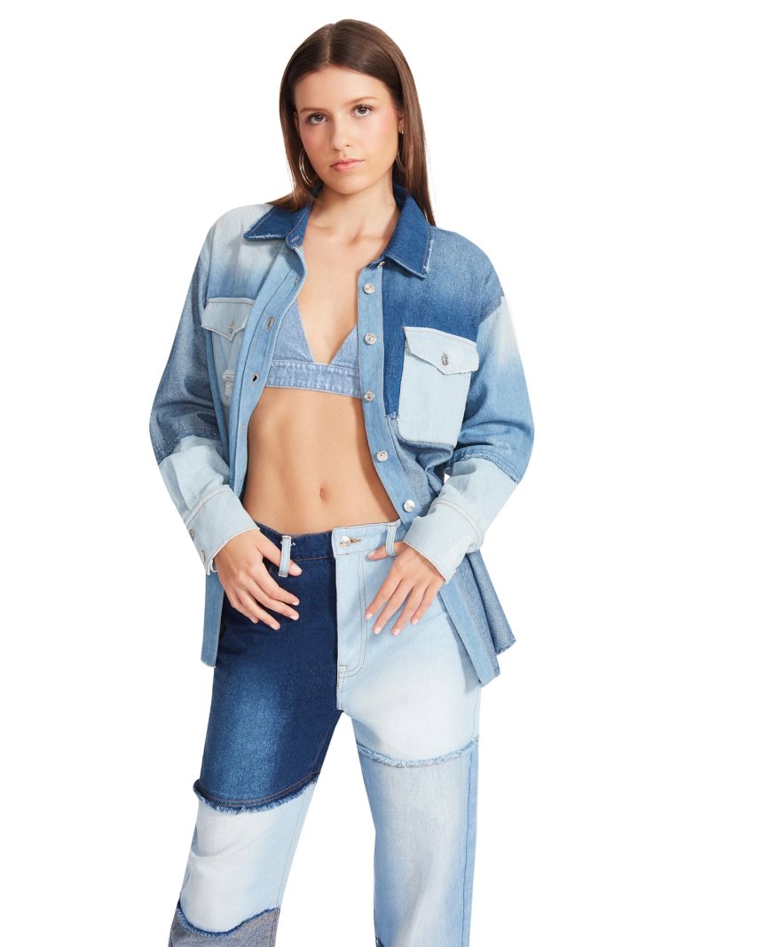 Blue Steve Madden Kylie Shacket Denim Fabric Women's Shirts | NVCKS9068