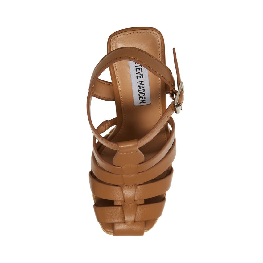 Brown Steve Madden Gallery Leather Women's Heels Sandals | RHDWX4957