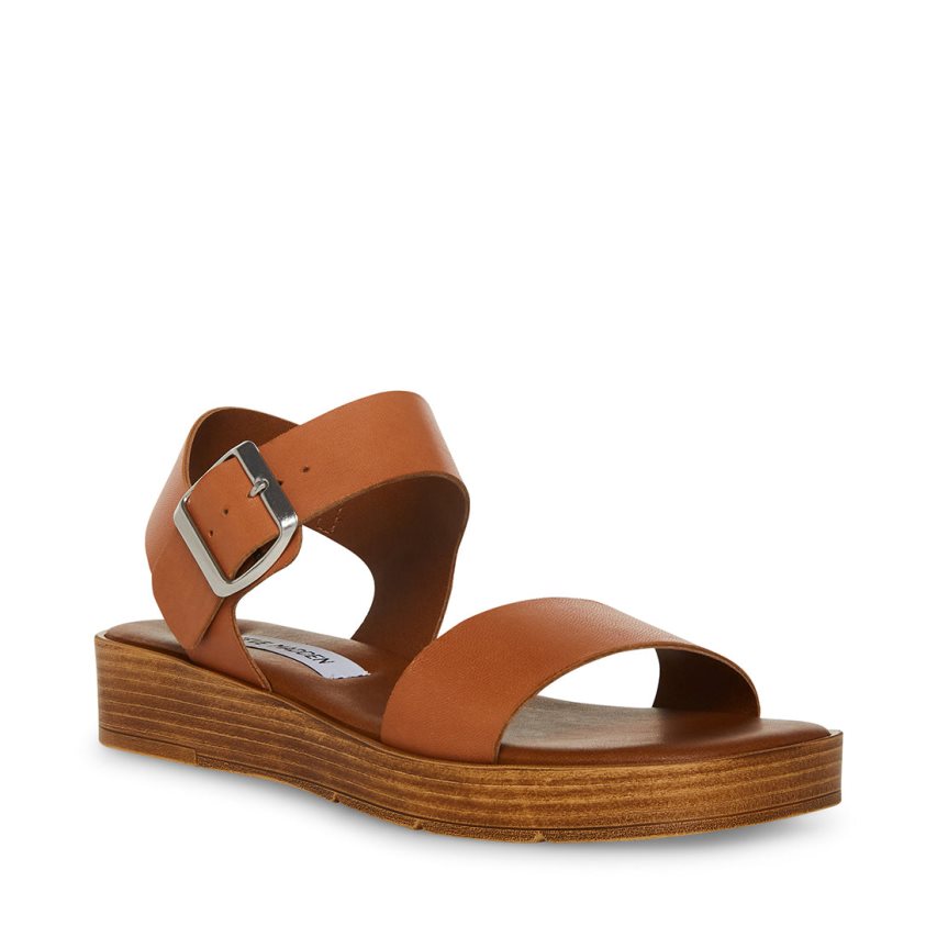 Brown Steve Madden Keenan Leather Women's Platform Sandals | 12SFEK0153