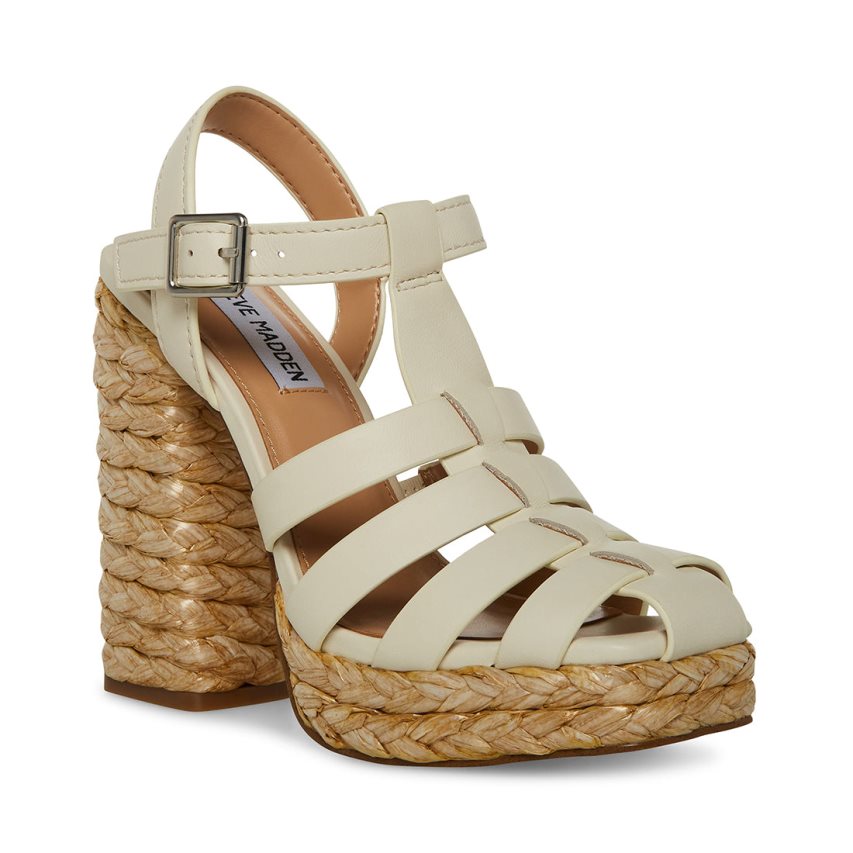 Cream Steve Madden Gallery Leather Women's Heels Sandals | XYSBU2941