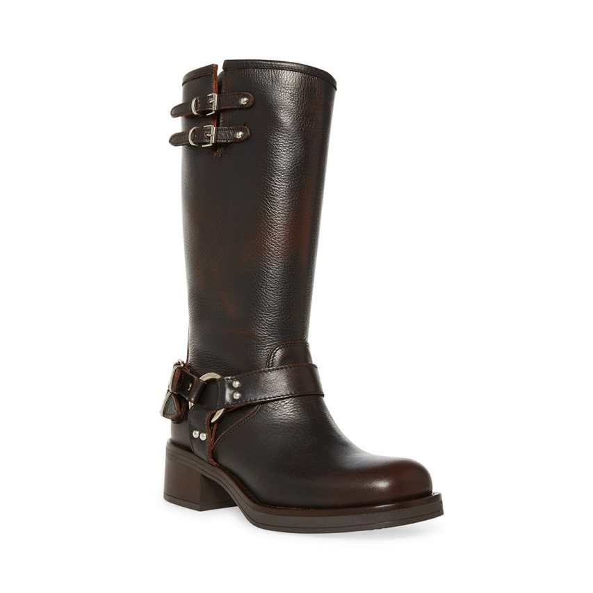 Dark Brown Steve Madden Axelle Leather Women's High Boots | DJW12Y5231