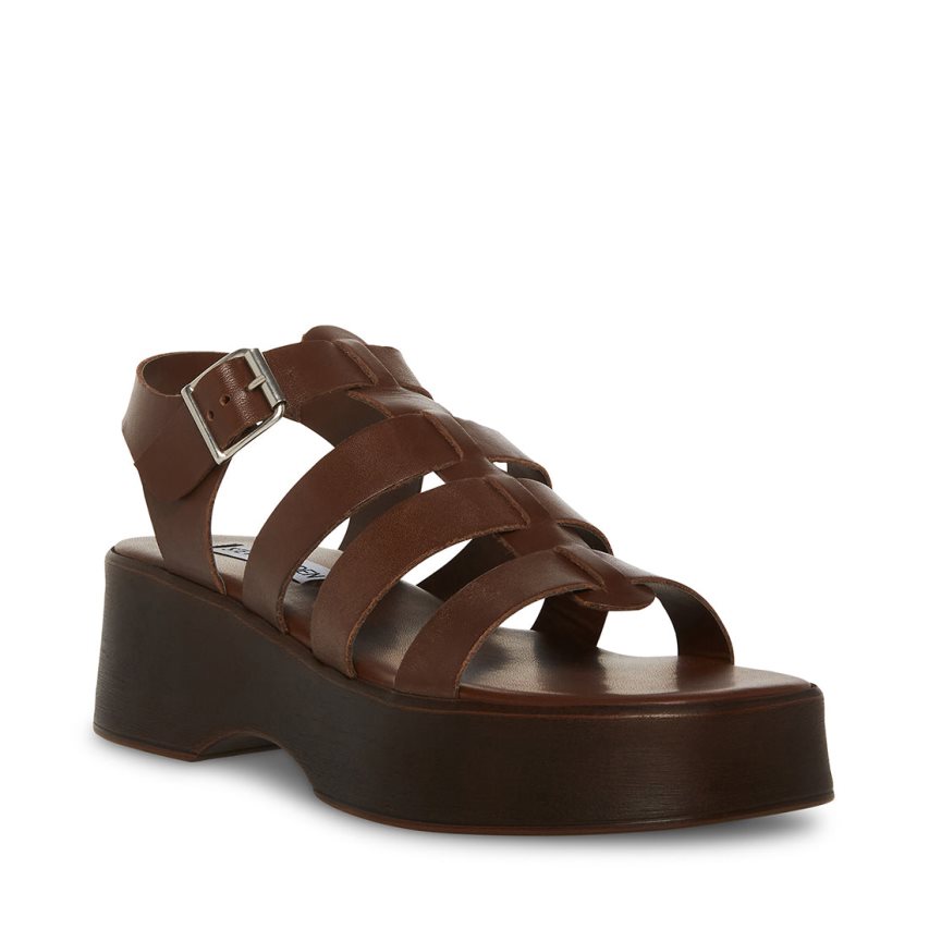 Dark Brown Steve Madden Sarai Leather Women's Platform Sandals | EITWY9073