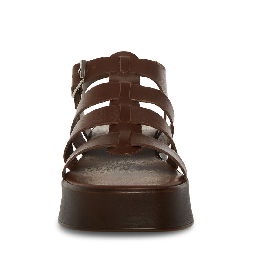 Dark Brown Steve Madden Sarai Leather Women's Platform Sandals | EITWY9073