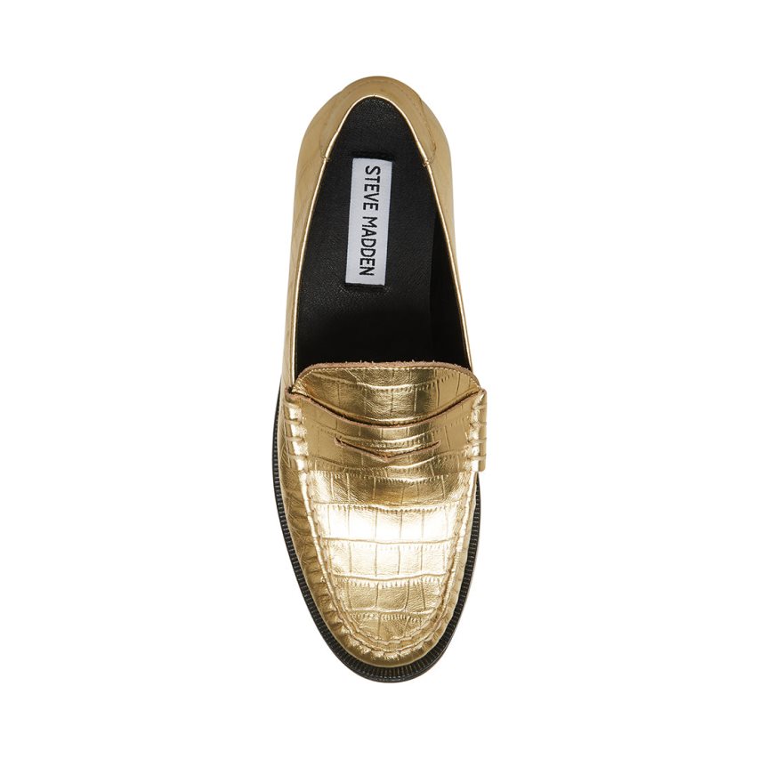 Gold Steve Madden Emmet Crocodile Women's Loafers | PNOCV9705