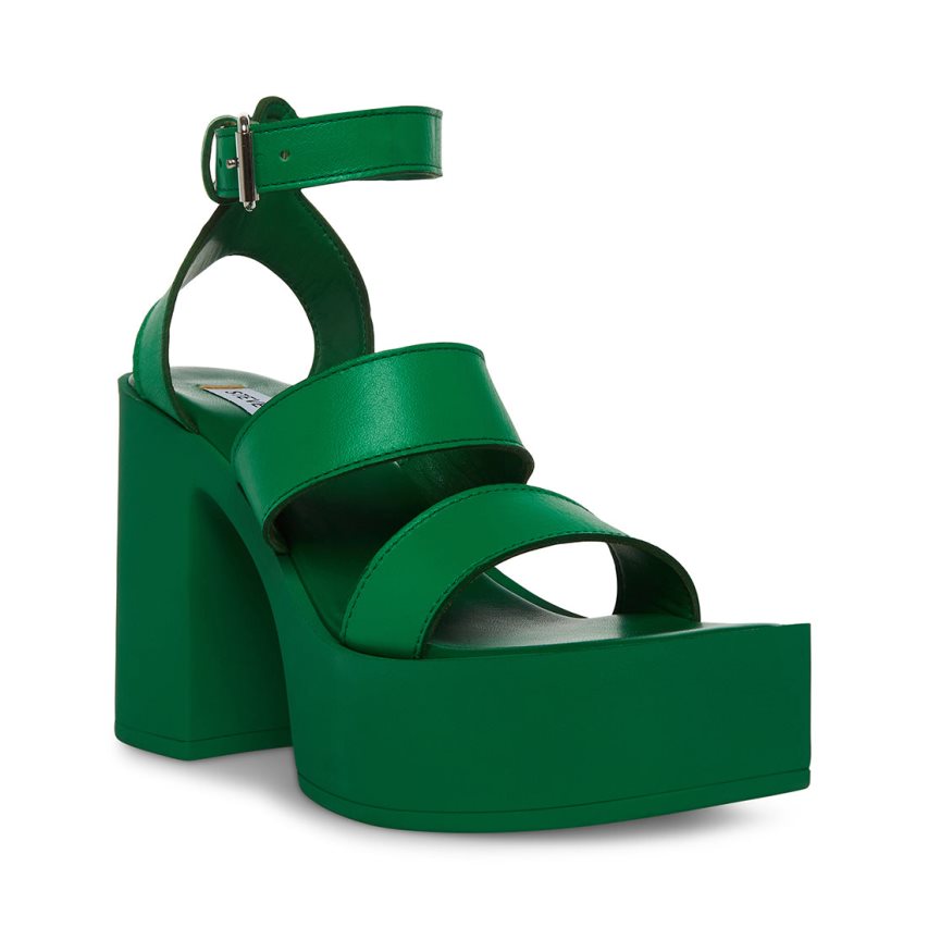 Green Steve Madden Dora Leather Women's Heels Sandals | EALNS0841