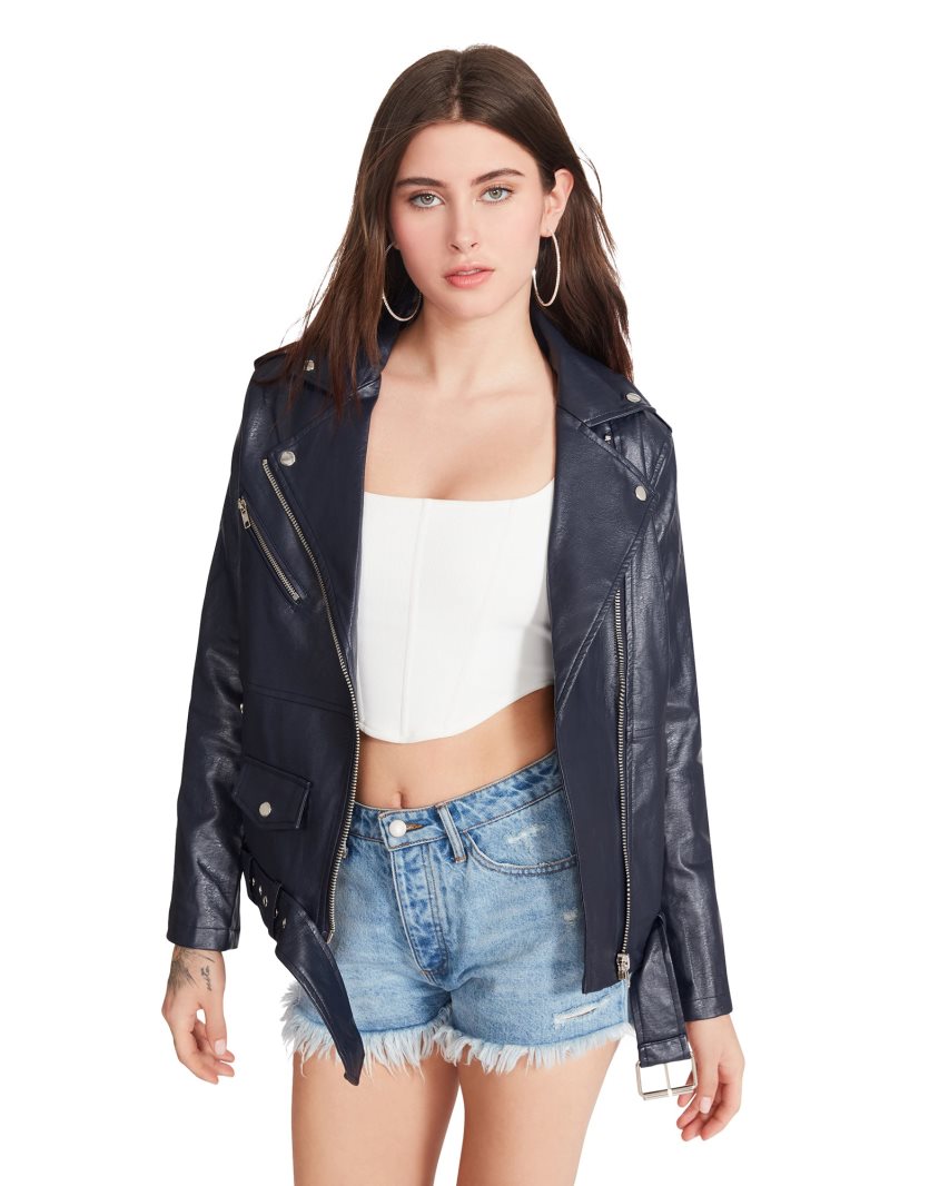 Navy Steve Madden Vegan Leather Women's Jackets | 12JYIC8129