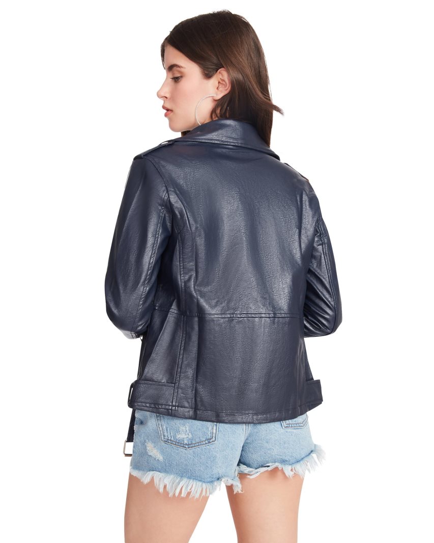 Navy Steve Madden Vegan Leather Women's Jackets | 12JYIC8129