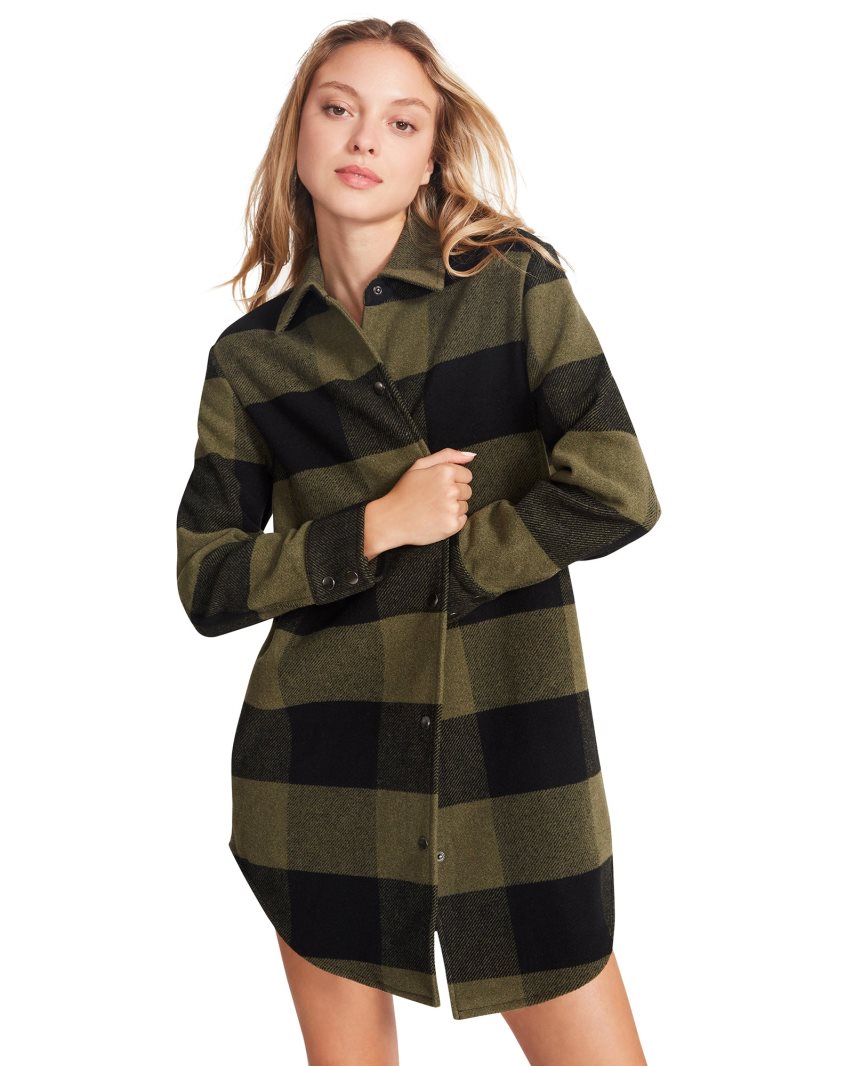 Olive / Black Steve Madden Eldridge Plaid Women's Coats | PJSMO1750