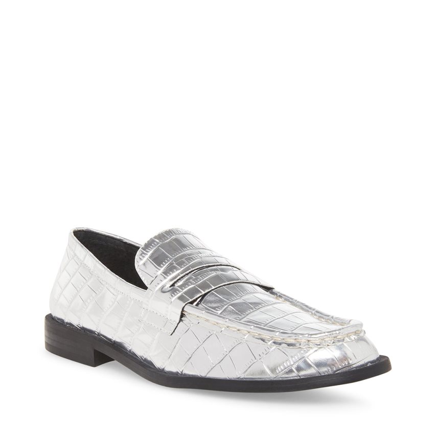 Silver Steve Madden Goodman Crocodile Women's Loafers | LMUAD0583