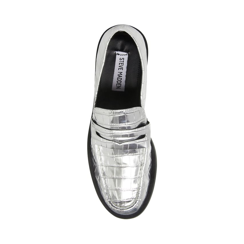 Silver Steve Madden Goodman Crocodile Women's Loafers | LMUAD0583