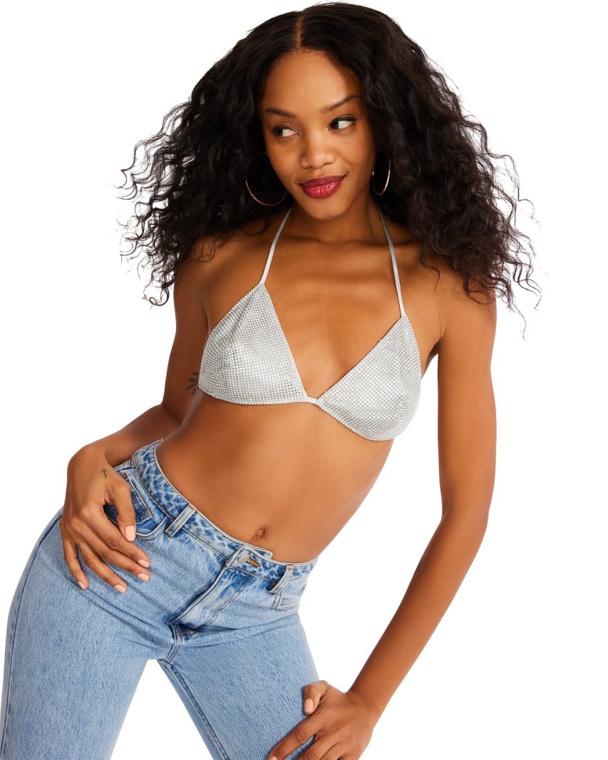 Silver Steve Madden Rhinestone Women's Bikini Tops | VY12IR7465