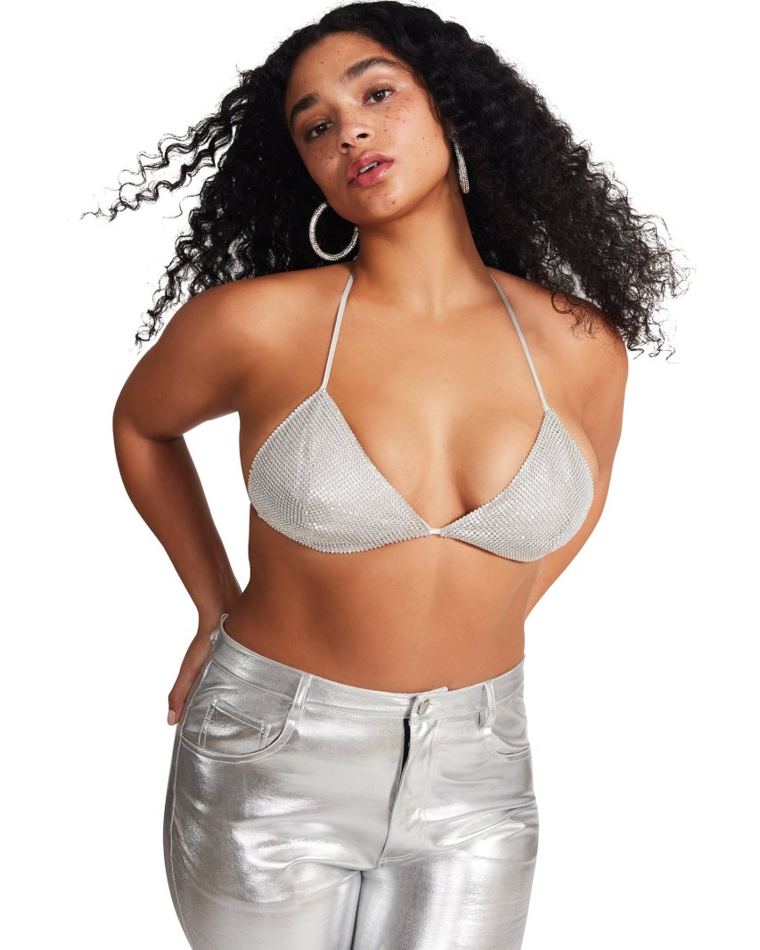 Silver Steve Madden Rhinestone Women's Bikini Tops | VY12IR7465