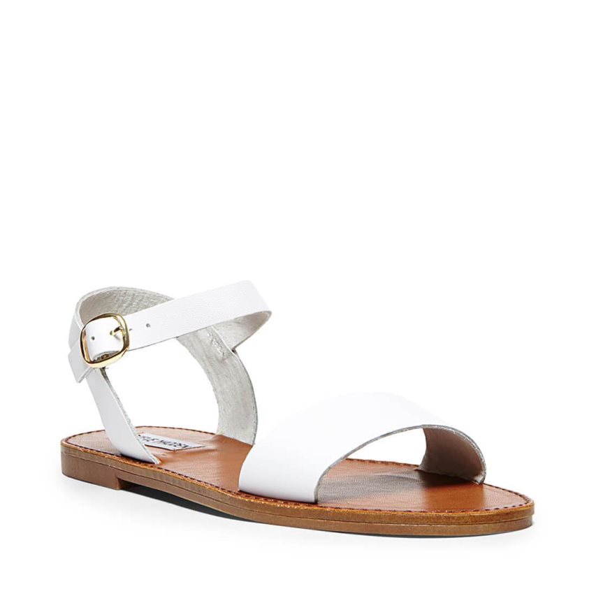 White Steve Madden Donddi Leather Women's Flat Sandals | CDBKX6270