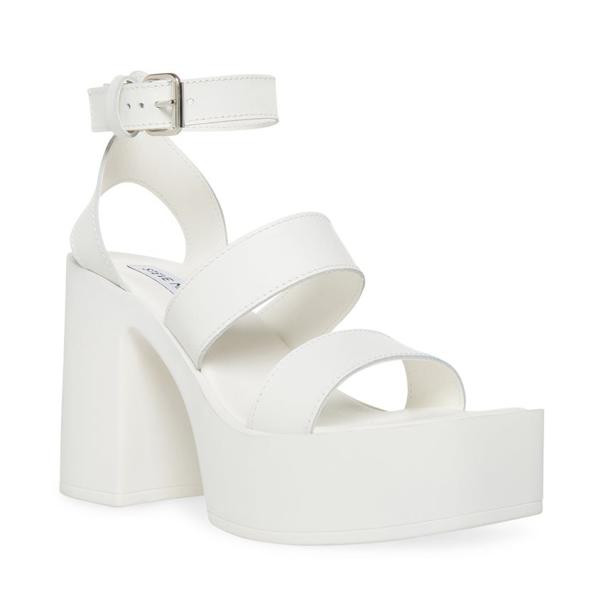 White Steve Madden Dora Leather Women's Heels Sandals | IGPWA7438