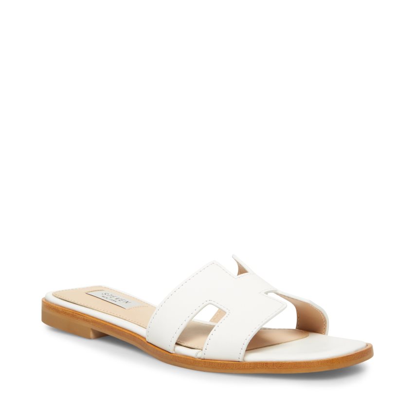 White Steve Madden Hadyn Leather Women\'s Slides | OFXZV1068