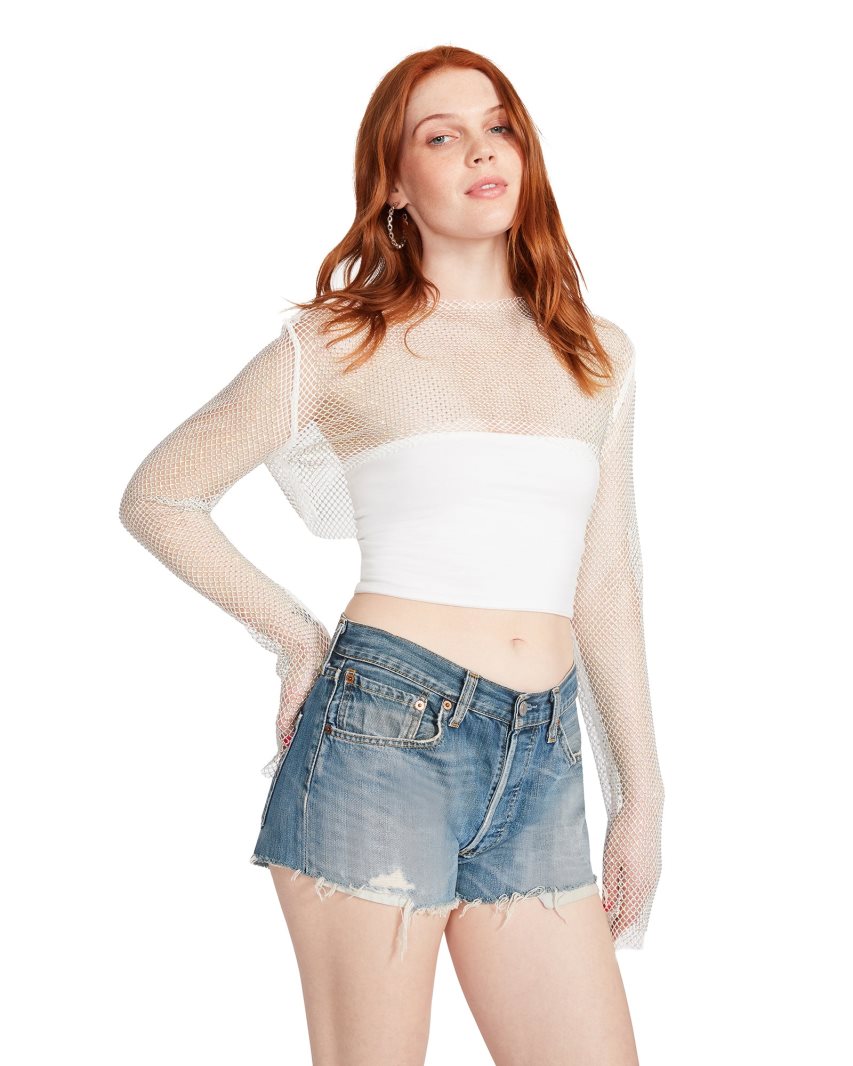 White Steve Madden Mesh Rhinestone Women's Tops | O12JHR7806