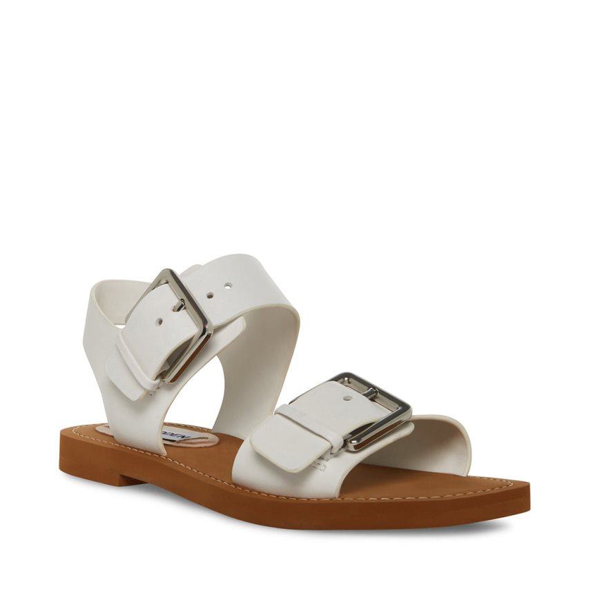 White Steve Madden Santo Leather Women's Flat Sandals | AS12IH9172