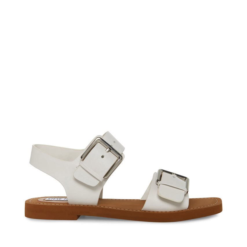 White Steve Madden Santo Leather Women\'s Flat Sandals | AS12IH9172