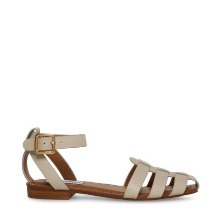 Beige Steve Madden Media Leather Women's Flat Sandals | 12CXUR2459