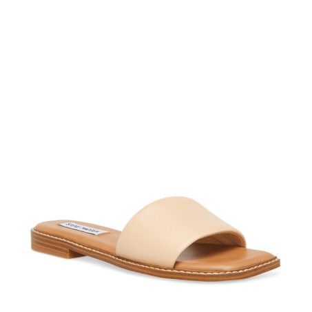 Beige Steve Madden ra Leather Women's Slides | ZVAOT1739