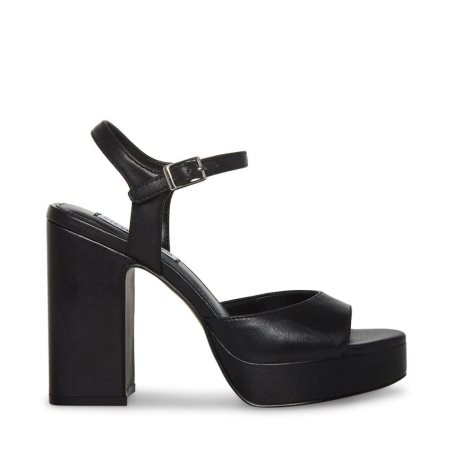 Black Steve Madden Amy Leather Women's Heels Sandals | VKAFW9824