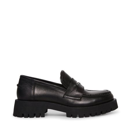 Black Steve Madden Lawrence Leather Women's Loafers | CVFLW5781