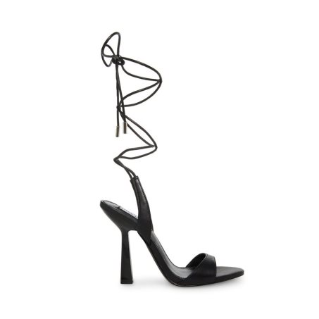 Black Steve Madden Michelle Leather Women's Heels Sandals | HVJFY4973